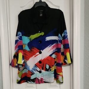 Alfani Black and Red Boxy Button Down Shirt with Mandarin Collar